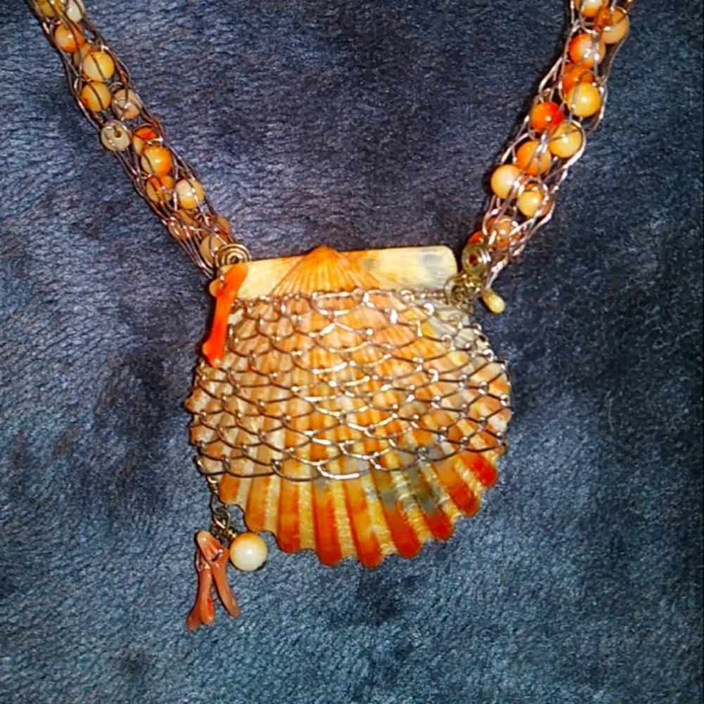 Woven Silver Coral & Shell Necklace